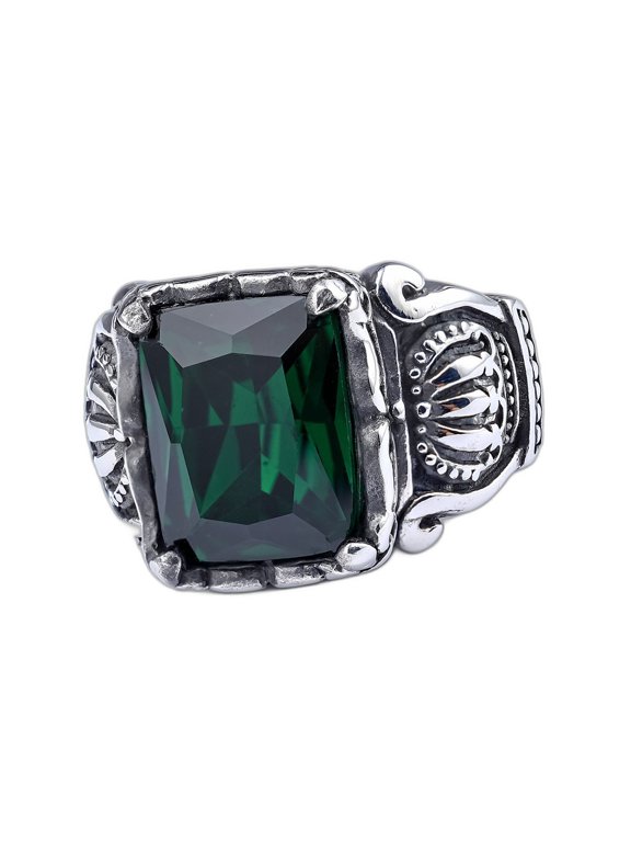 Men's Crown Solitaire Ring 14K White Gold-Plated with Green Cubic Zirconia, Everyday Wear, Size 12, Gift Boxed
