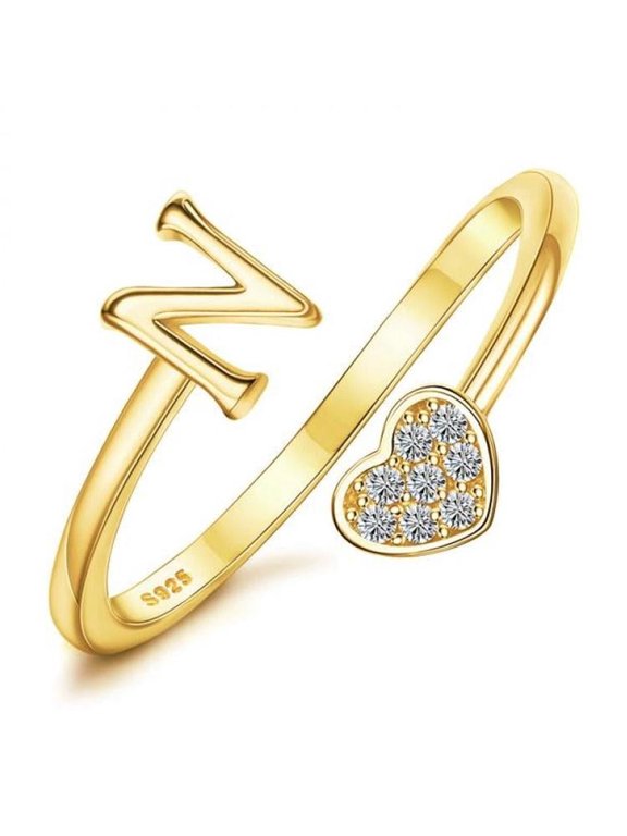 Heart Alphabet Initial Ring in 925 Sterling Silver, Adjustable Stackable Ring for Women and Teens
