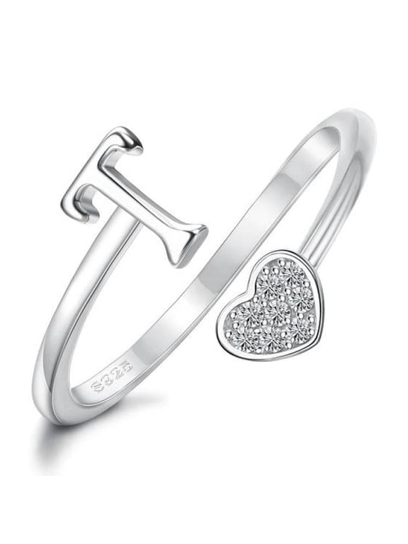 Heart Alphabet Initial Ring in 925 Sterling Silver, Adjustable Stackable Ring for Women and Teens