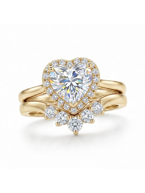 Heart Solitaire Engagement & Wedding Ring Set for Women and Men 14K Yellow Gold-Plated with Clear Cubic Zirconia, Size 9, 2 Pieces, Gift Boxed