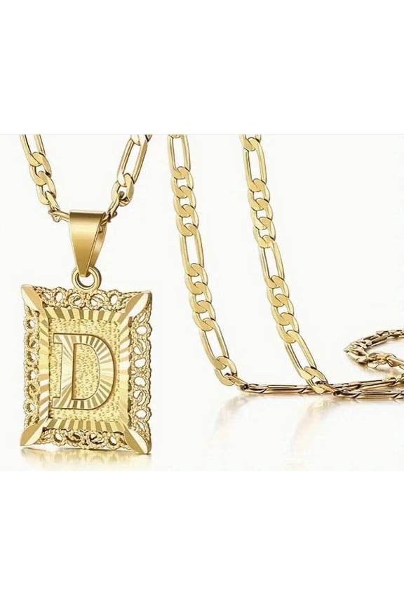 14K Gold Plated Initial Letter Pendant Necklace for Men and Women – Square Capital A–Z Alphabet on Figaro Chain