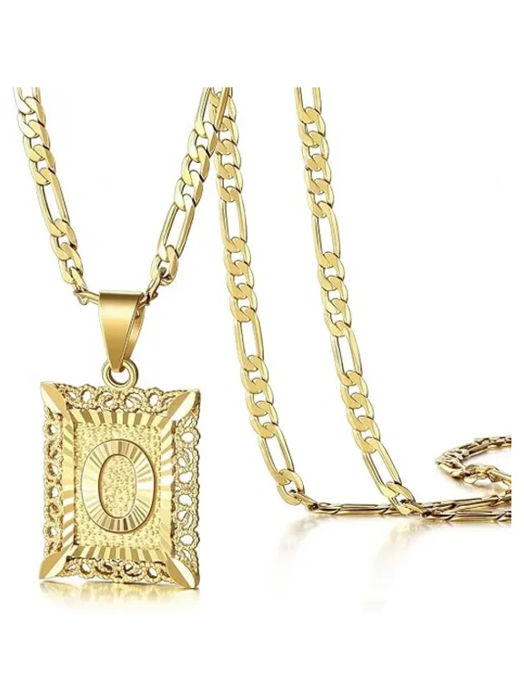 14K Gold Plated Initial Letter Pendant Necklace for Men and Women – Square Capital A–Z Alphabet on Figaro Chain