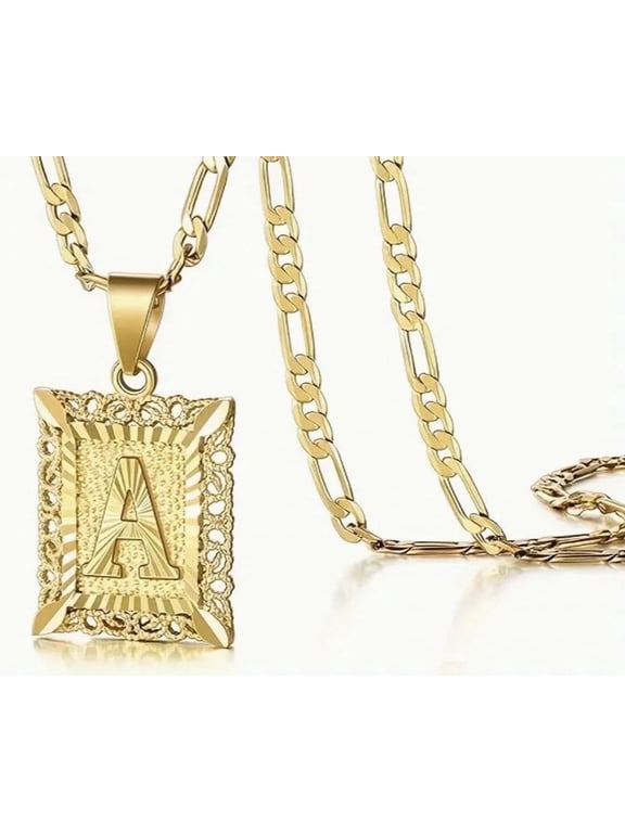 14K Gold Plated Initial Letter Pendant Necklace for Men and Women – Square Capital A–Z Alphabet on Figaro Chain