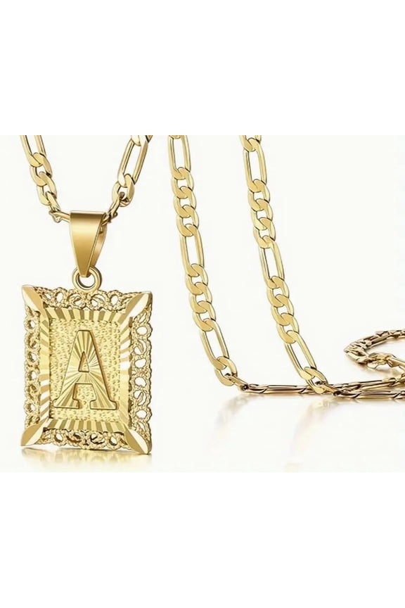 14K Gold Plated Initial Letter Pendant Necklace for Men and Women – Square Capital A–Z Alphabet on Figaro Chain