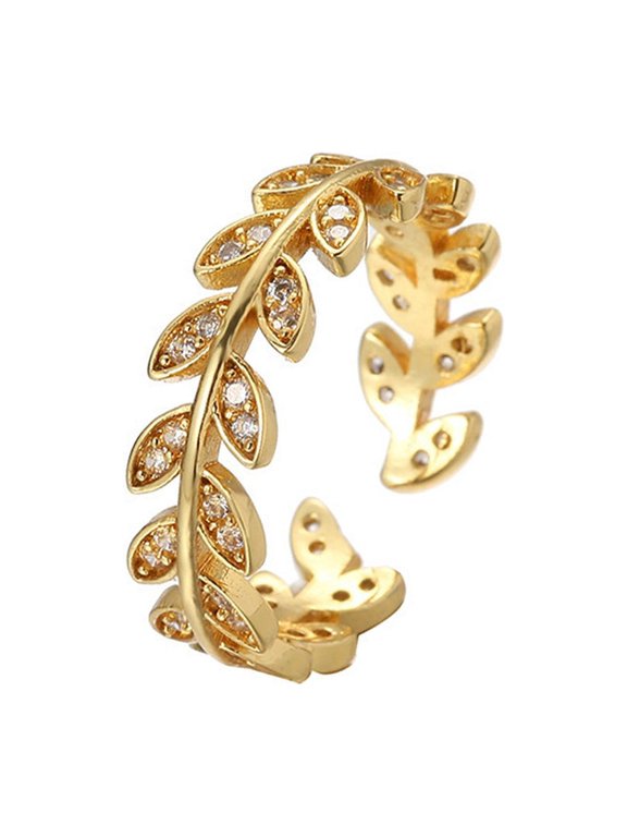 Women's Leaf Open Ring 14K Gold-Plated with Clear Cubic Zirconia, Everyday Wear, Size Adjustable, Gift Boxed
