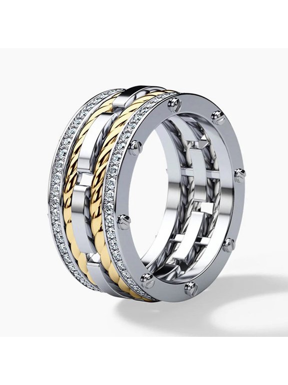 Men's Gear Design Eternity Ring 14K Two-Tone Gold-Plated with Clear Cubic Zirconia, Father's Day Gift, Size 7, Gift Boxed