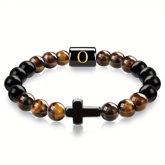 APIPEE Mens Bracelet Cross Bracelet Letter A-Z Bracelet for Men Onyx Tigers Eye Beaded Bracelet Religious Christian Bracelet Anniversary Gifts for Male Jewelry