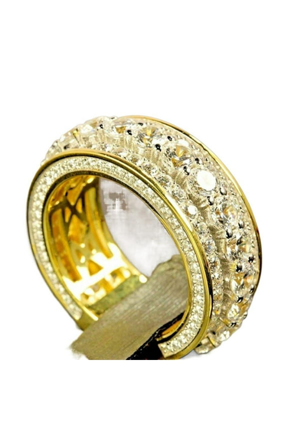 Mens Titanium Ring Wedding Band Cubic Zirconia 14K Gold Plated Full Stones Round Ring With Gift Box