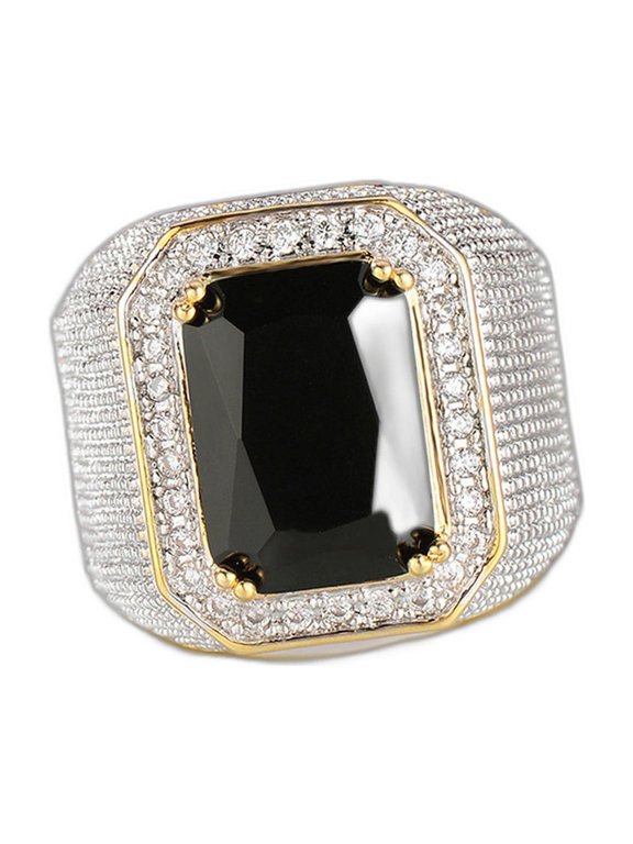 Men's Cube Cluster Engagement Ring 14K Gold-Plated with Black Crystal and Clear Cubic Zirconia, Size 6, Gift Boxed
