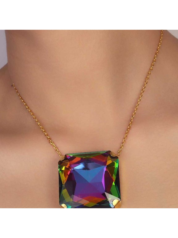 Women's Square Pendant Cuban Link Chain Necklace 14K Gold-Plated with Multicolor Crystal, Everyday Wear, 22 Inch, Gift Boxed