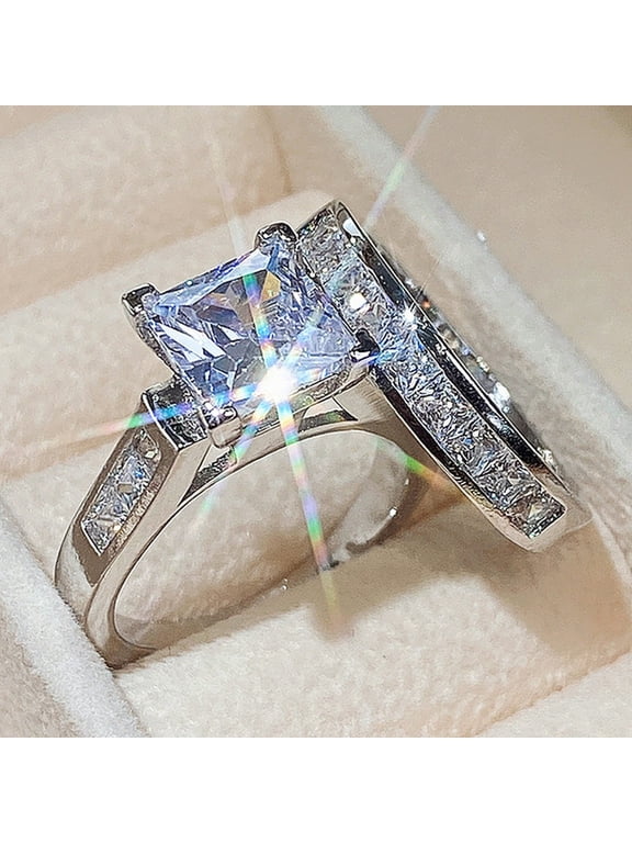 Stainless Steel 2 Ct Cubic Zirconia Geometric Promise Ring for Women and Men US Size 5 2 Piece Set