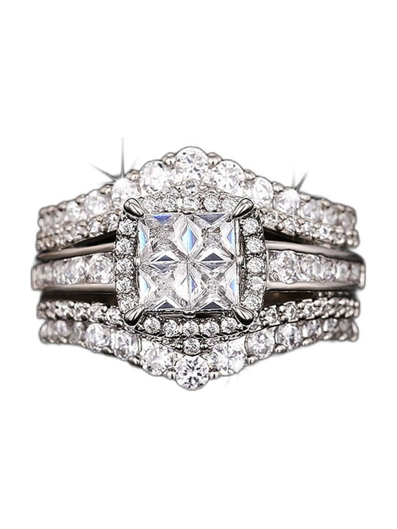 Stainless Steel 2 Ct Cubic Zirconia Square Promise Ring for Women US Size 5 3 Piece Set