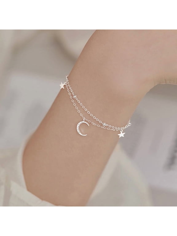 Stars and Moon 925 Sterling Silver Bracelets for Women, Fashion Adjustable Slider Unique S925 Bracelet Jewelry For Wedding Gifts