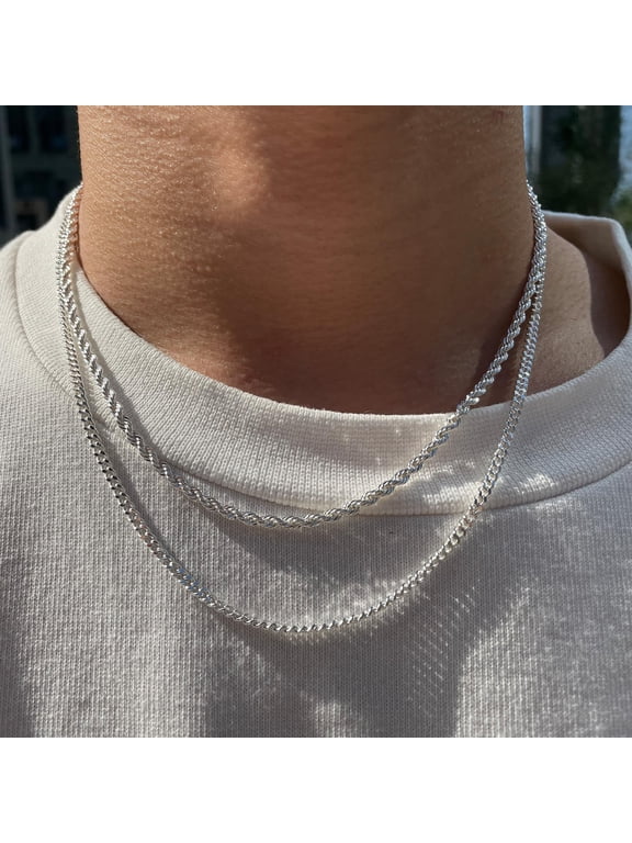 Trendy 2Pcs 3Mm Chain Necklace For Men - Layered Sterling Silver Cuban Link Rope Necklaces Set Simple Jewelry Gift 18-28 Inches Present Jewelry