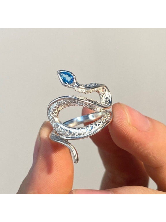 Women's Snake Open Ring 14K White Gold Plated with Blue Cubic Zirconia for Halloween Adjustable Size Gift Boxed