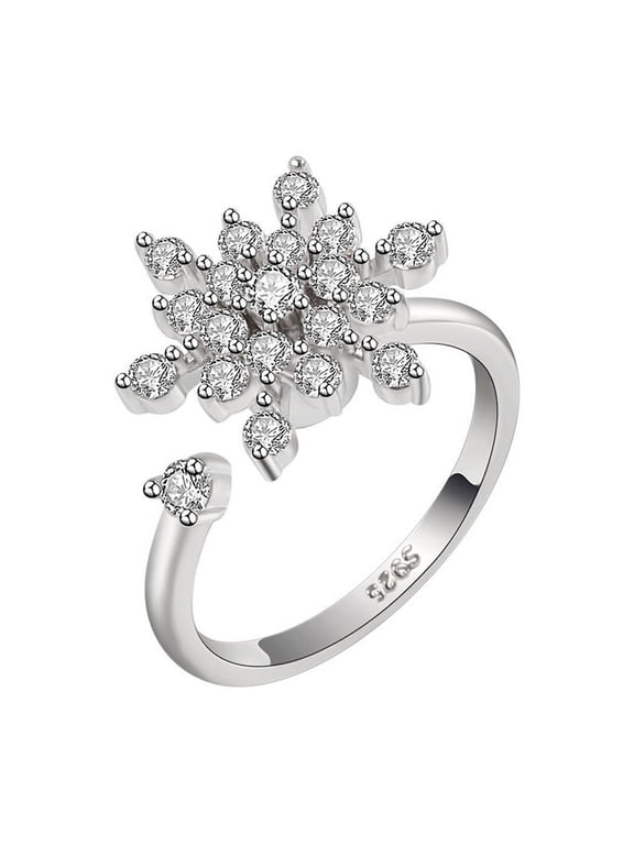 Women's Snowflake Spinner Ring 14K White Gold Plated with White Cubic Zirconia for Birthday Adjustable Size Gift Boxed