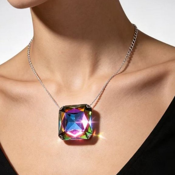 APIPEE Women's Square Pendant Cuban Link Chain Necklace 14K White Gold-Plated with Multicolor Cubic Zirconia, Everyday Wear, 20 Inch, Gift Boxed