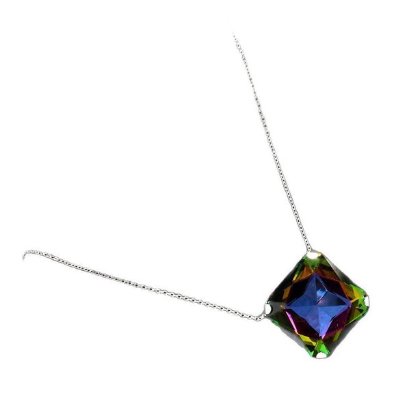 APIPEE Women's Square Pendant Cuban Link Chain Necklace Silver Toned with Multicolor Crystal for Everyday Wear 22 Inches Gift Boxed
