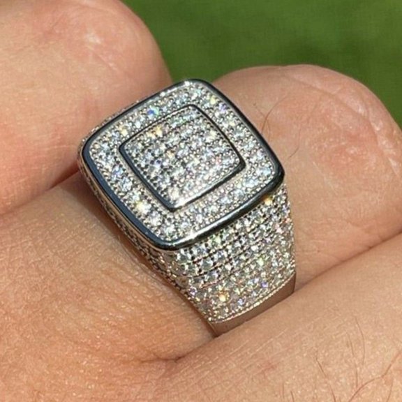 APIPEE Square Semi Eternity Ring for Women and Men 14K White Gold-Plated with White Cubic Zirconia, Hanukkah Gift, Size 9, Gift Boxed