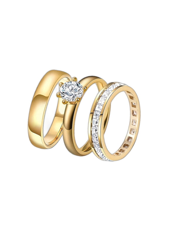 Women's Circle Solitaire Engagement & Wedding Ring Set 14K Gold-Plated with White Cubic Zirconia, Size 9, 3 Pieces, Gift Boxed