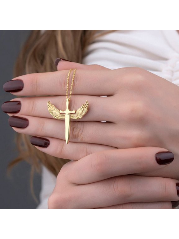 Women's Sword with Wings Pendant Cable Chain Necklace 14K Gold-Plated, Everyday Wear, 20 Inch, With Gift Box