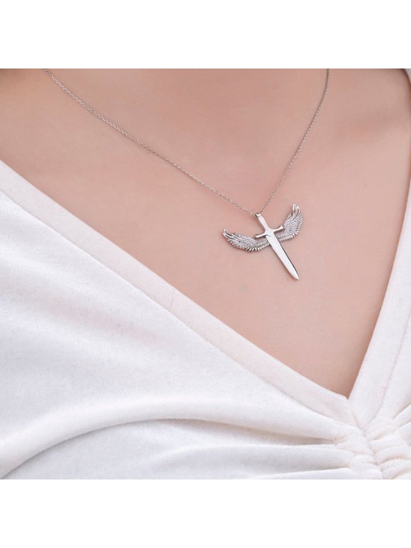 Women's Sword with Wings Pendant Cable Chain Necklace 14K White Gold-Plated, Everyday Wear, 20 Inch, With Gift Box