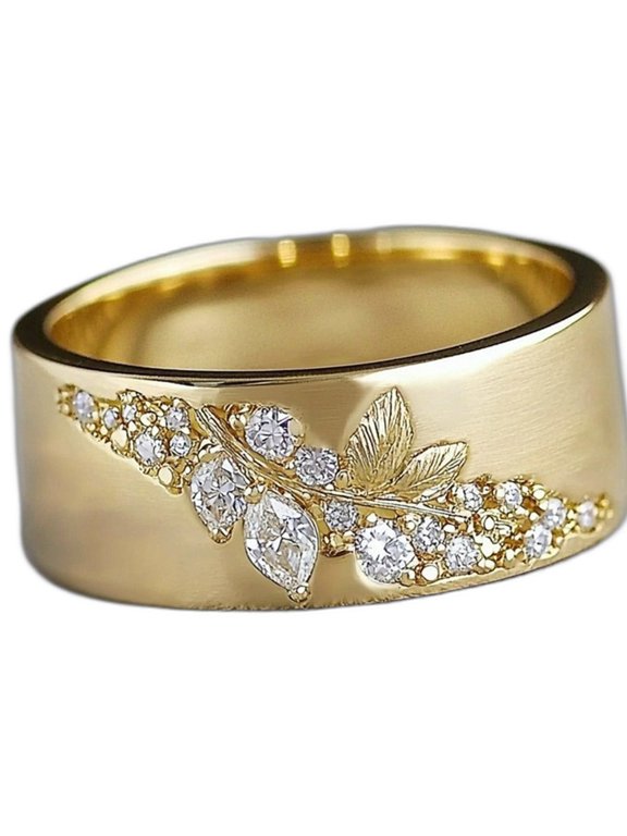 Women's Leaf Band Ring 14K Gold-Plated with White Cubic Zirconia, Everyday Wear, Size 7, Gift Boxed