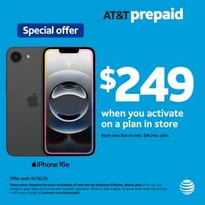 AT&T Apple iPhone 16e, 128GB, Black - Prepaid Smartphone [Locked to AT&T]