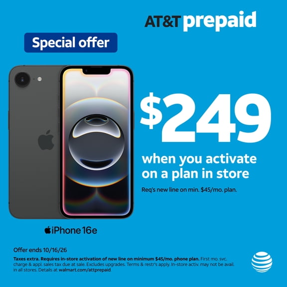 AT&T Apple iPhone 16e, 128GB, Black - Prepaid Smartphone [Locked to AT&T]