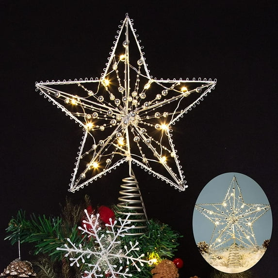 APODESS Sliver Christmas Tree Topper Star Decorations Xmas Tree Ornaments with Exquisite Beads for Indoor Home Decor