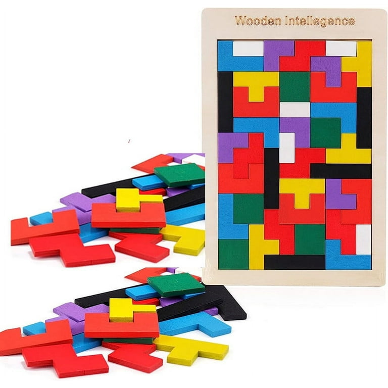 APODESS Wooden Blocks Puzzle Brain Teasers Toy， Tangram Jigsaw Intelligence  Puzzle ，Colorful 3D Russian Blocks Game，STEM Montessori Educational Games