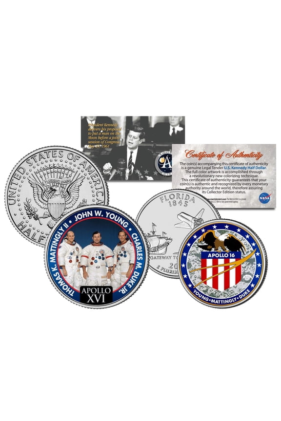 APOLLO 16 SPACE MISSION 2-Coin Set US Quarter & JFK Half Dollar NASA ASTRONAUTS