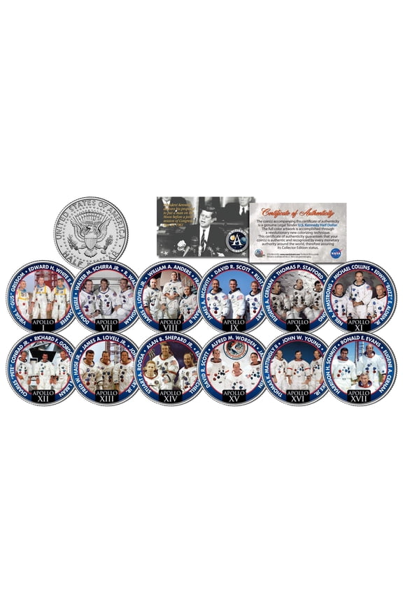 APOLLO ASTRONAUT CREWS Colorized JFK Half Dollar 12-Coin Set NASA Space Program