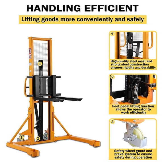 APOLLOLIFT 1100lbs Hand Manual Pallet Stacker 63" Lift Height Walkie Straddle Pallet Stacker with Adjustable Fork