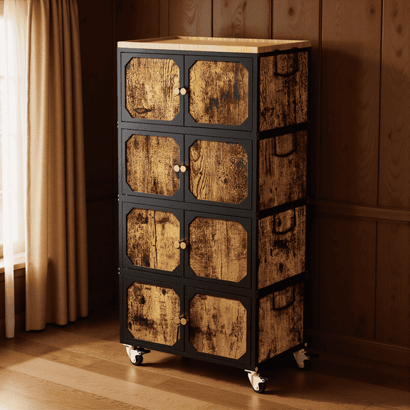 APONWILL 4 Tier Wooden Storage Cabinet with Wheels, Magnetic-Closing Doors, and Dividers Effortless and Convenient for Living Rooms, Bedrooms, and Garages,15.75in Length.