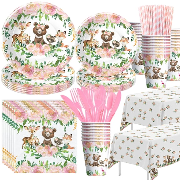 APOWBLS Woodland Baby Shower Decorations Girl Tableware - Creatures Animal Theme Woodland Birthday Party Supplies, Paper Plate, Cup, Napkin, Tablecloth, Disposable Cutlery, Straw | Serves 24 Y114