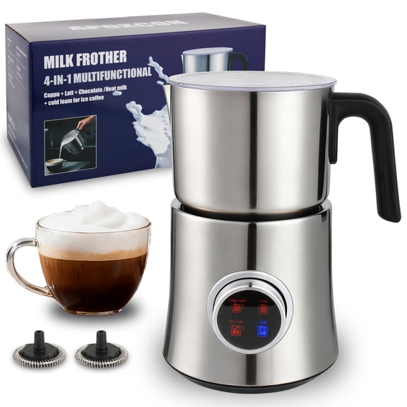 APOXCON Electric Milk Frother and Steamer, 4-in-1 Hot & Foam Maker for Coffee 17oz Stainless Steel Frother Machine with LED Display Rotary Knob Milk Warmer Hot Chocolate Maker Dishwasher Safe Y101