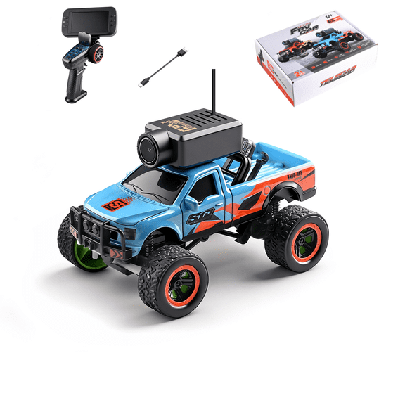 APP & 2.4G Dual Control FPV RC Truck with WiFi Camera & Display Screen, 1/64 Scale Full Proportional Remote Control Car, Gyro, Cruise, Blue