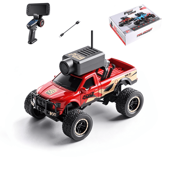 APP & 2.4G Dual Control FPV RC Truck with WiFi Camera & Display Screen, 1/64 Scale Full Proportional Remote Control Car, Gyro, Cruise, Red