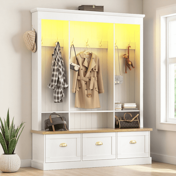 APP Controlled LED Light Hall Tree, Roman Column Design Entryway Organizer with 9 Hooks, 3 Large Cabinets & Storage Bench, Farmhouse Hallway Organizer, White