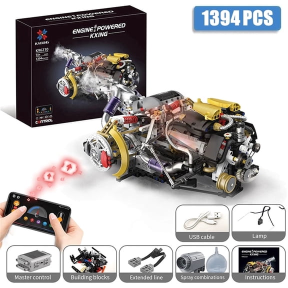 V8 Engine Model Kit That Works, APP-Programmable,1394 PCS Advanced Collectible Engine Building Block Sets with Lights & Spray, Ideal Gift for Adults/Boys Home Office Decor