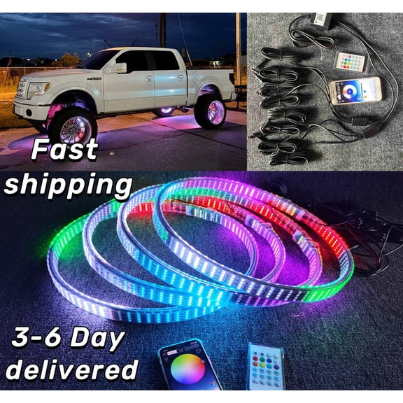 Tzvmny Lighting Factory - 8Rolls 15.5'' Double Side Quad Row Wheel Lights Chasing Brightest Color Car Rim Lights Bluetooth + Remote Waterproof