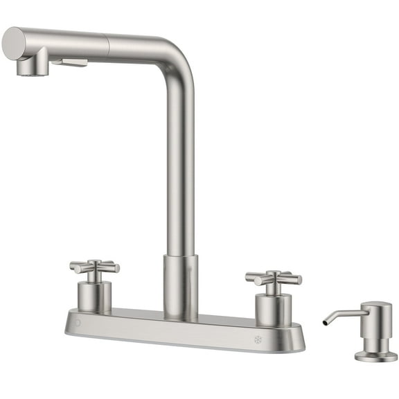 APPASO 2 Handle Kitchen Faucet with Soap Dispenser, Kitchen Faucet with Pull Down Sprayer, Brushed Nickel Kitchen Faucet, 4 Hole Kitchen Faucets, Stainless Steel Faucet for Kitchen Sink, RV, Bar