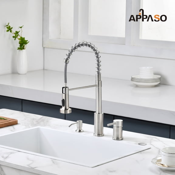 APPASO 3 Hole Kitchen Faucet with Soap Dispenser, 3 Piece Kitchen Sink Faucets with Pull Down Sprayer, Stainless Steel Faucet with Sprayer, Separate Handle, Brushed Nickel