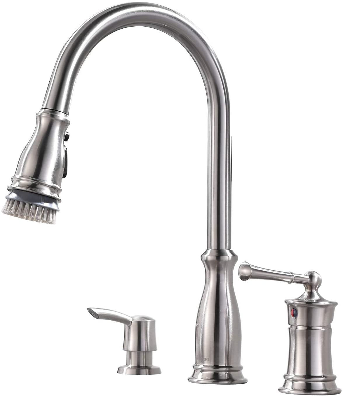 APPASO 3-Hole Kitchen Faucet with Pull Down Sprayer Brushed Nickel with Soap Dispenser 228BN