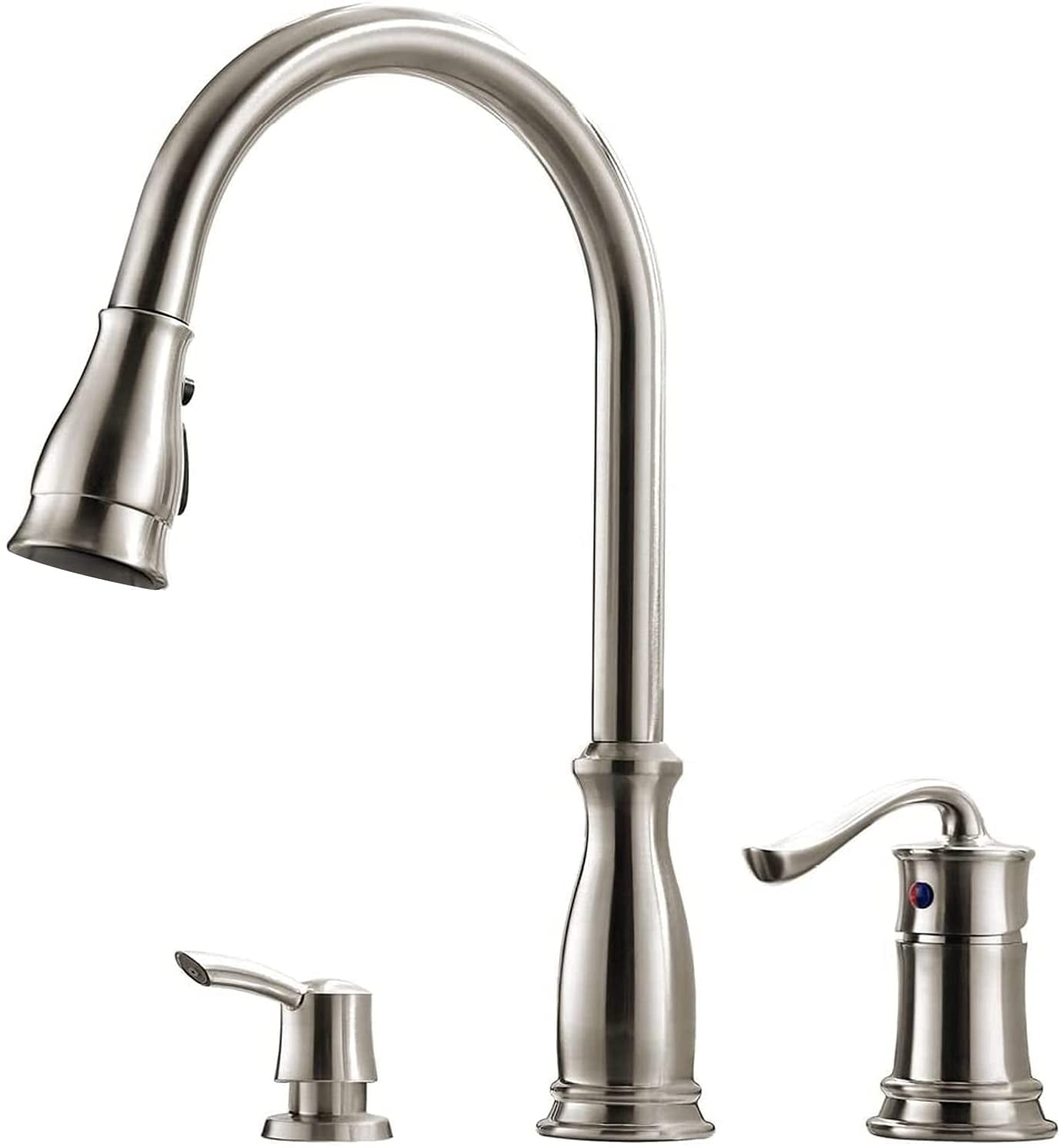 APPASO 3 Hole Kitchen Faucet with Pull Down Sprayer Stainless Steel Brushed Nickel 218BN