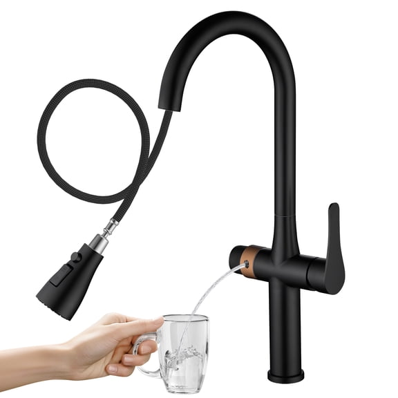 APPASO 3-in-1 Black Kitchen Faucet with RO Water Compatibility 3 Way Sink Faucet with Pull Down Sprayer (3 Modes), High Arc Single Handle, Without Water Filtration Device