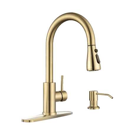 APPASO Brushed Gold 2 Hole Kitchen Faucet with Pull Down 3 Modes Sprayer, Champagne Gold Kitchen Sink Faucet, High Arch Faucet Kitchen for 1 or 2 Hole Sink, Gold Kitchen Faucet with Soap Dispenser