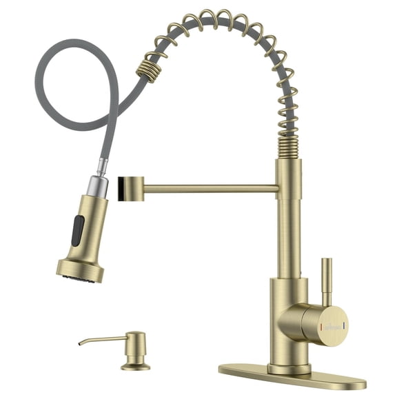 APPASO Brushed Gold Kitchen Faucet with Pull Down Sprayer and Soap Dispenser, Commercial Stainless Steel Sink Faucet, Spot-Free Matte Gold for Farmhouse RV Camper Bar