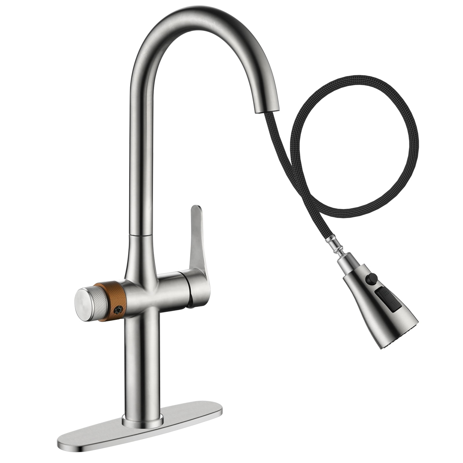 APPASO Brushed Nickel 3-Way Kitchen Faucet with Water Filter Connection, Commercial Single Handle High Arc, SUS304 Stainless Steel 3 in 1 Sink Faucet (Without Filtration Device)